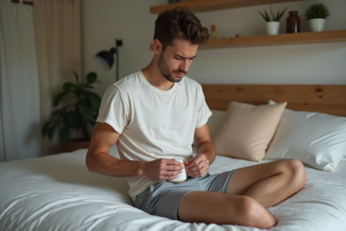 Jeune homme appliquant une creme sur le bas du ventre