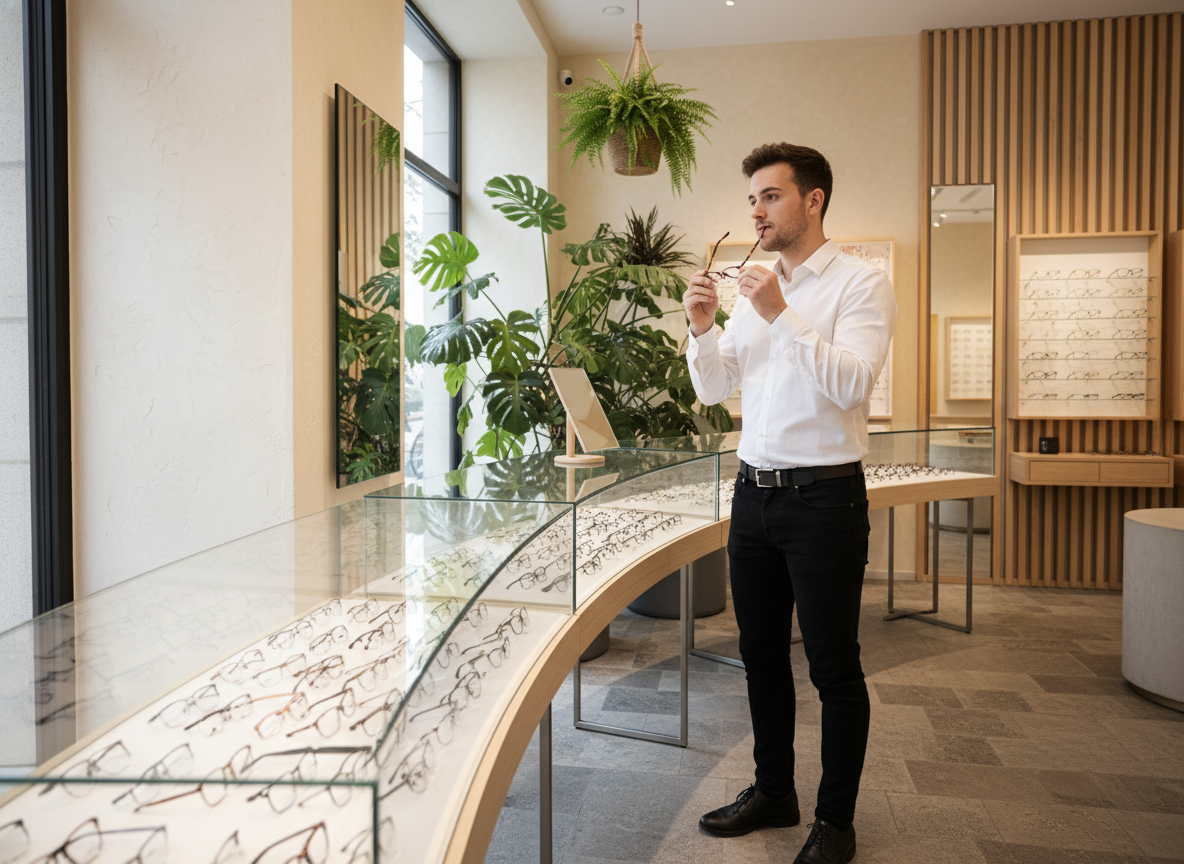 Jeune homme choisissant des lunettes dans un magasin moderne