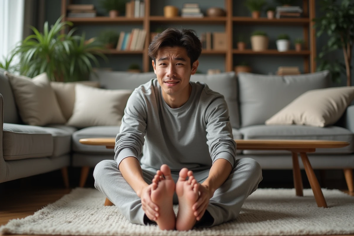 Jeune homme assis sur le tapis de salon en étirement