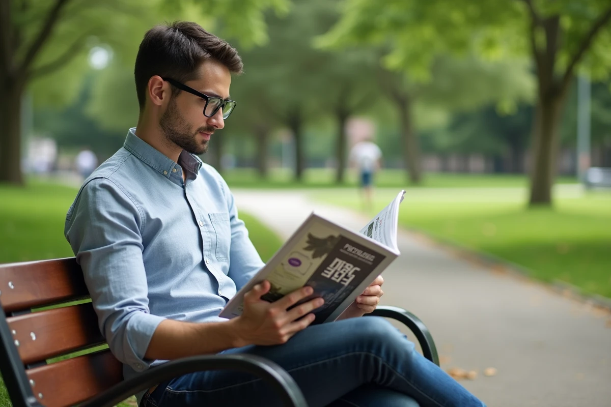 Jeune homme lisant Psychologie Positive sur un banc de parc