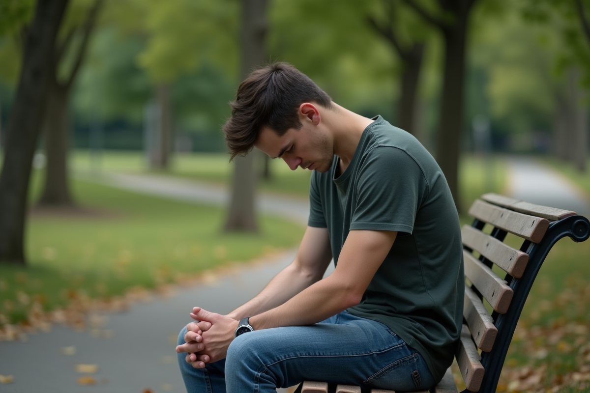Jeune homme assis seul sur un banc de parc