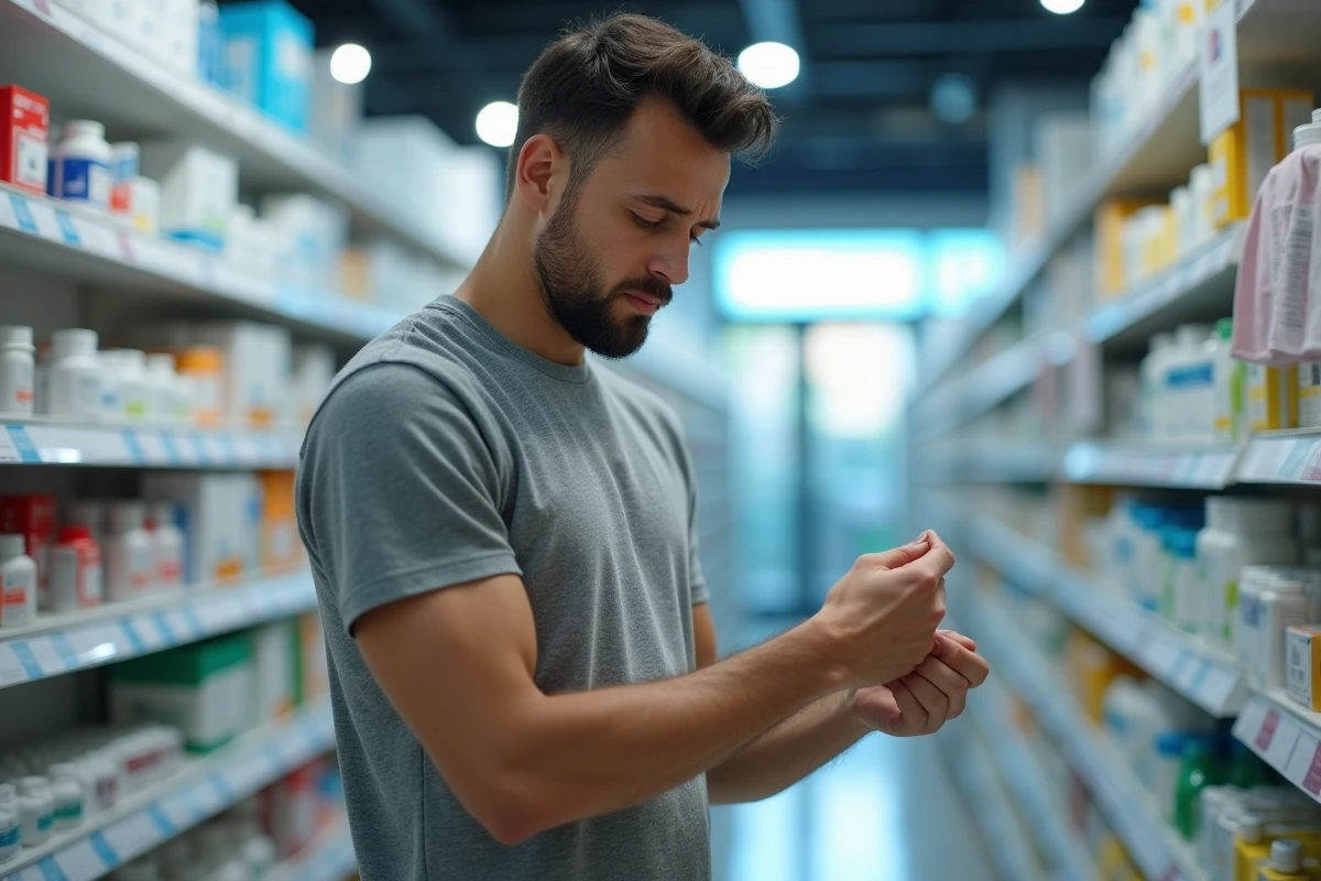 Jeune homme vérifiant sa peau irritée en pharmacie
