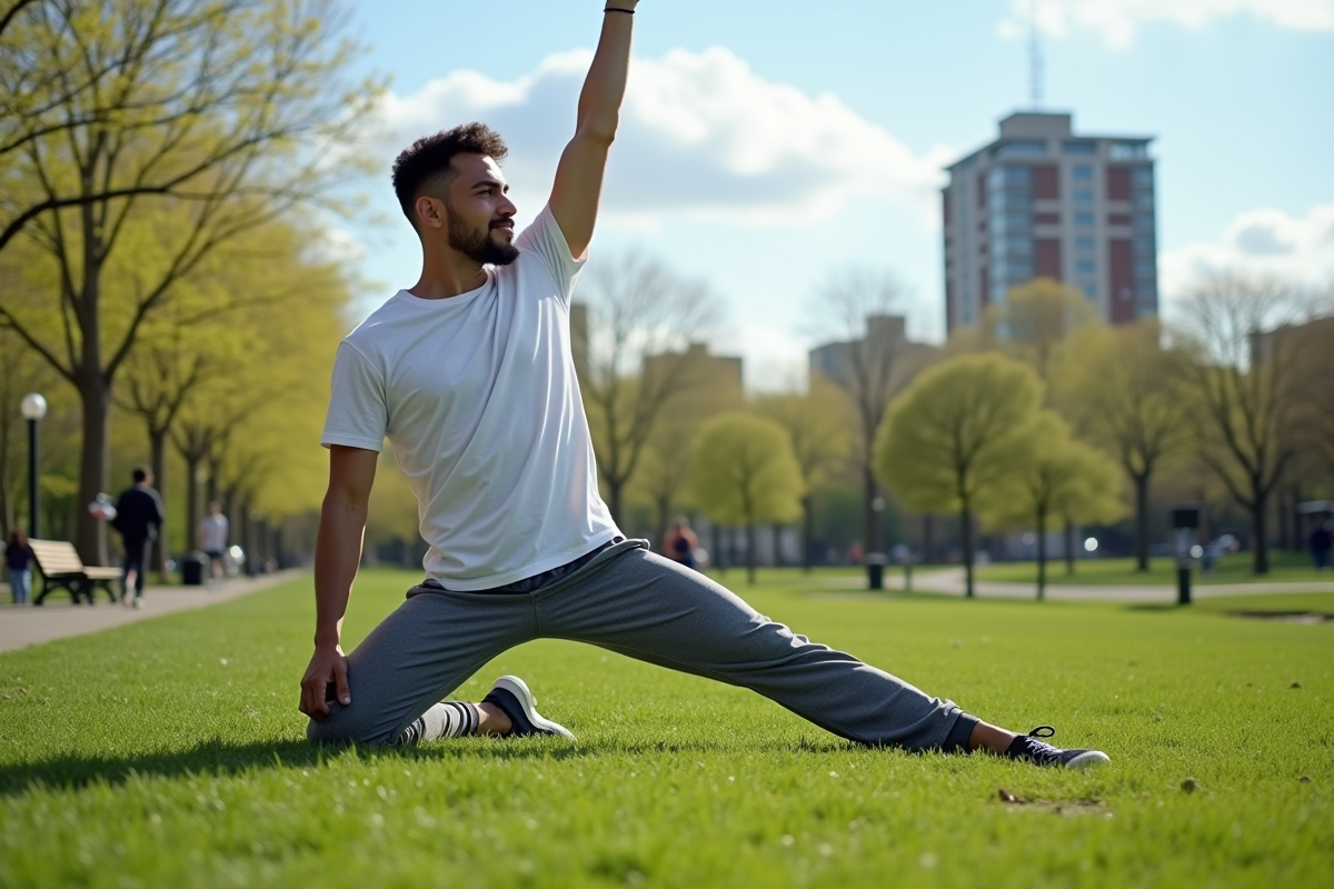 Jeune homme en yoga dans un parc urbain en plein air