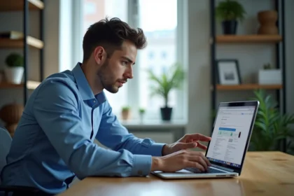 Jeune homme professionnel analysant un ordinateur en bureau moderne