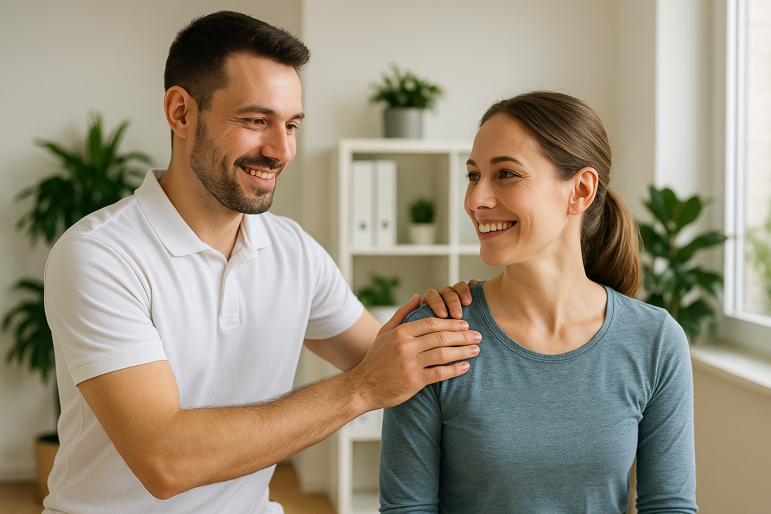 Kinesiologue aidant un client dans un cabinet moderne