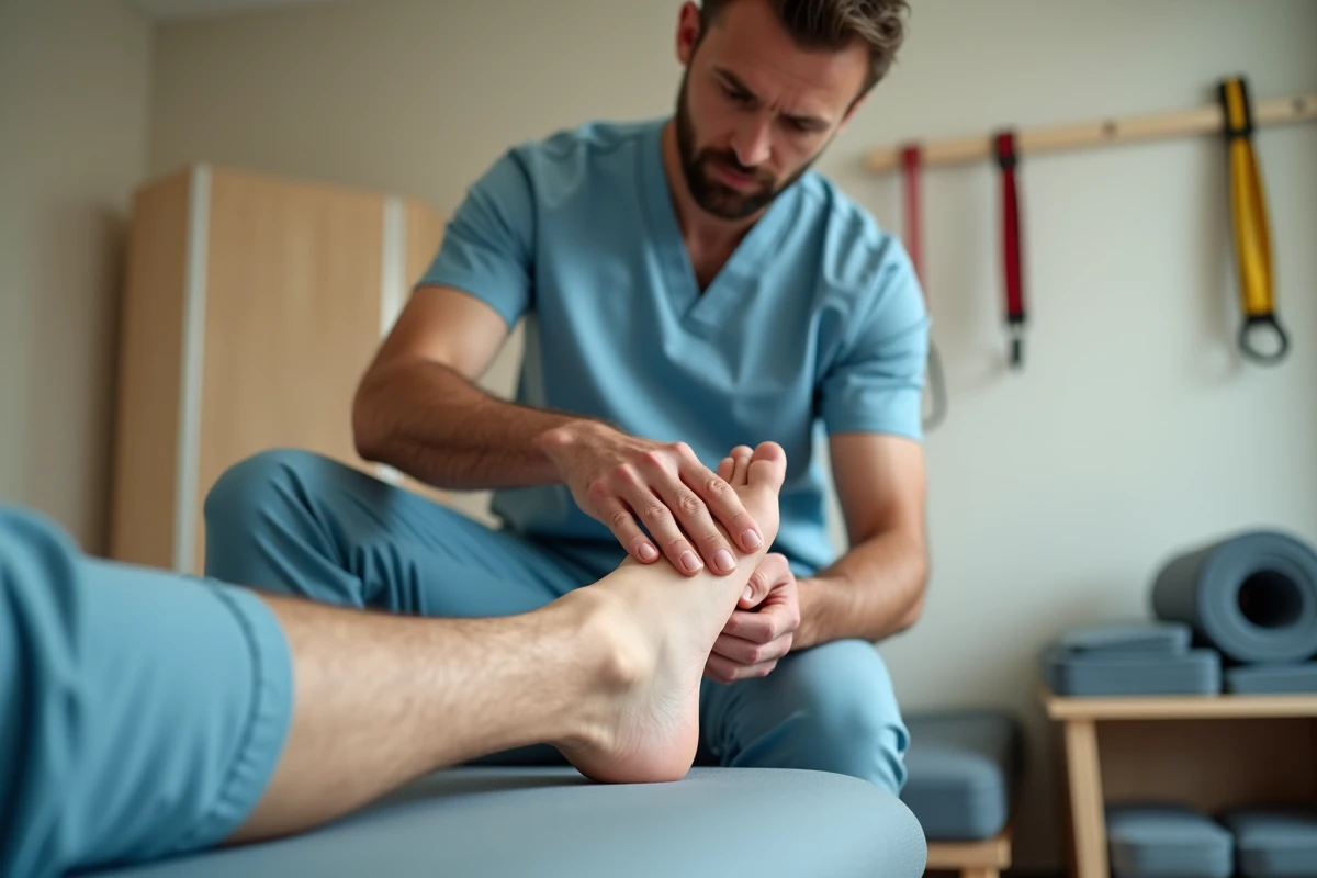 Physiothérapeute professionnel examinant la face externe du pied d'un patient allongé sur une table de rééducation dans une clinique de kinésithérapie