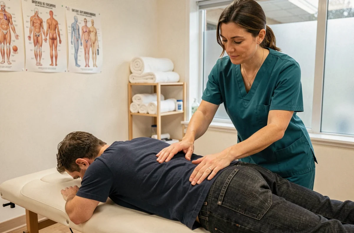 Kinésithérapeute effectuant un examen manuel de la région sacrale d'un patient allongé sur une table de soins