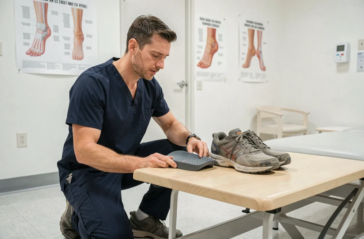 Kinésithérapeute présentant une semelle orthopédique corrective pour adapter une chaussure et traiter l'épine calcanéenne