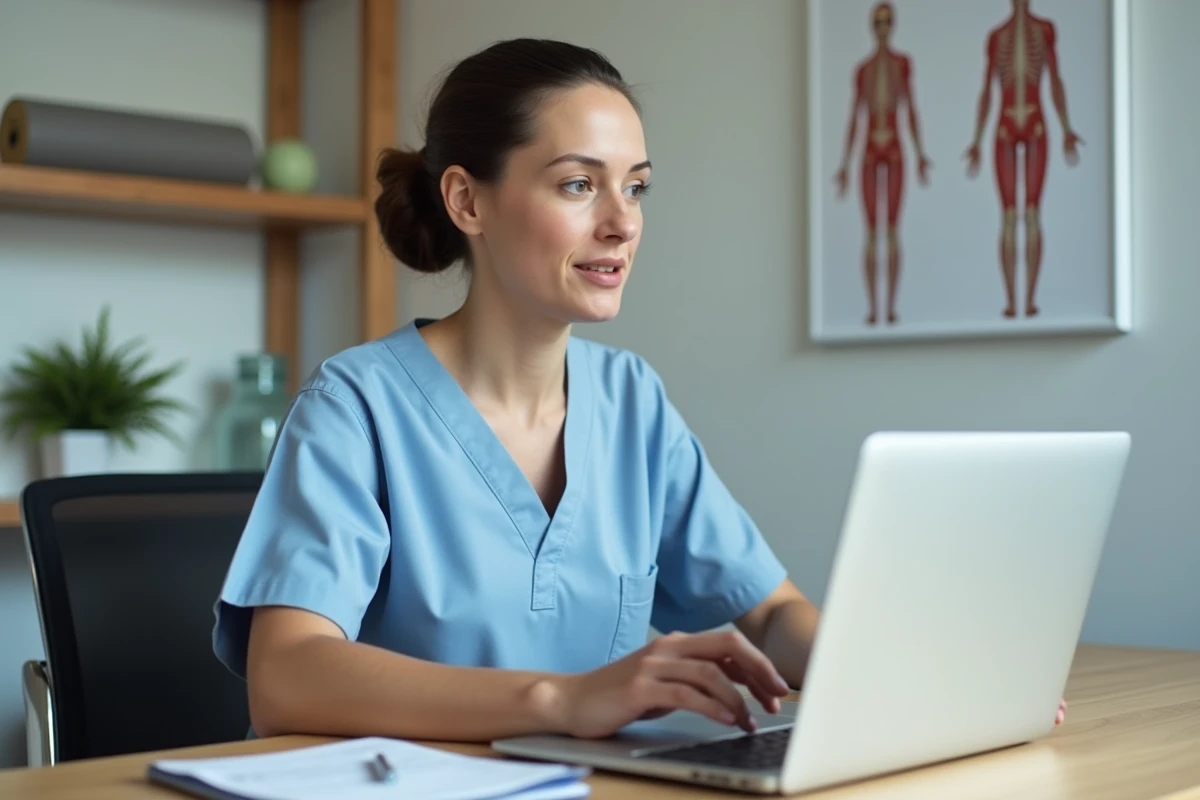 Kinésithérapeute en téléconsultation depuis son cabinet, parlant avec un patient via un ordinateur portable