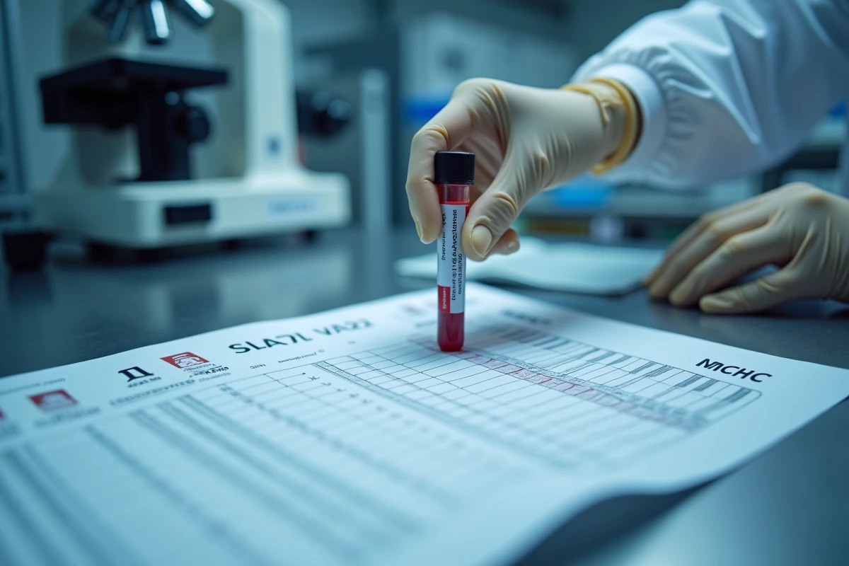 Technicien de laboratoire manipulant un tube de sang à côté d'un rapport hémogramme avec valeurs TCMH en laboratoire d'hématologie