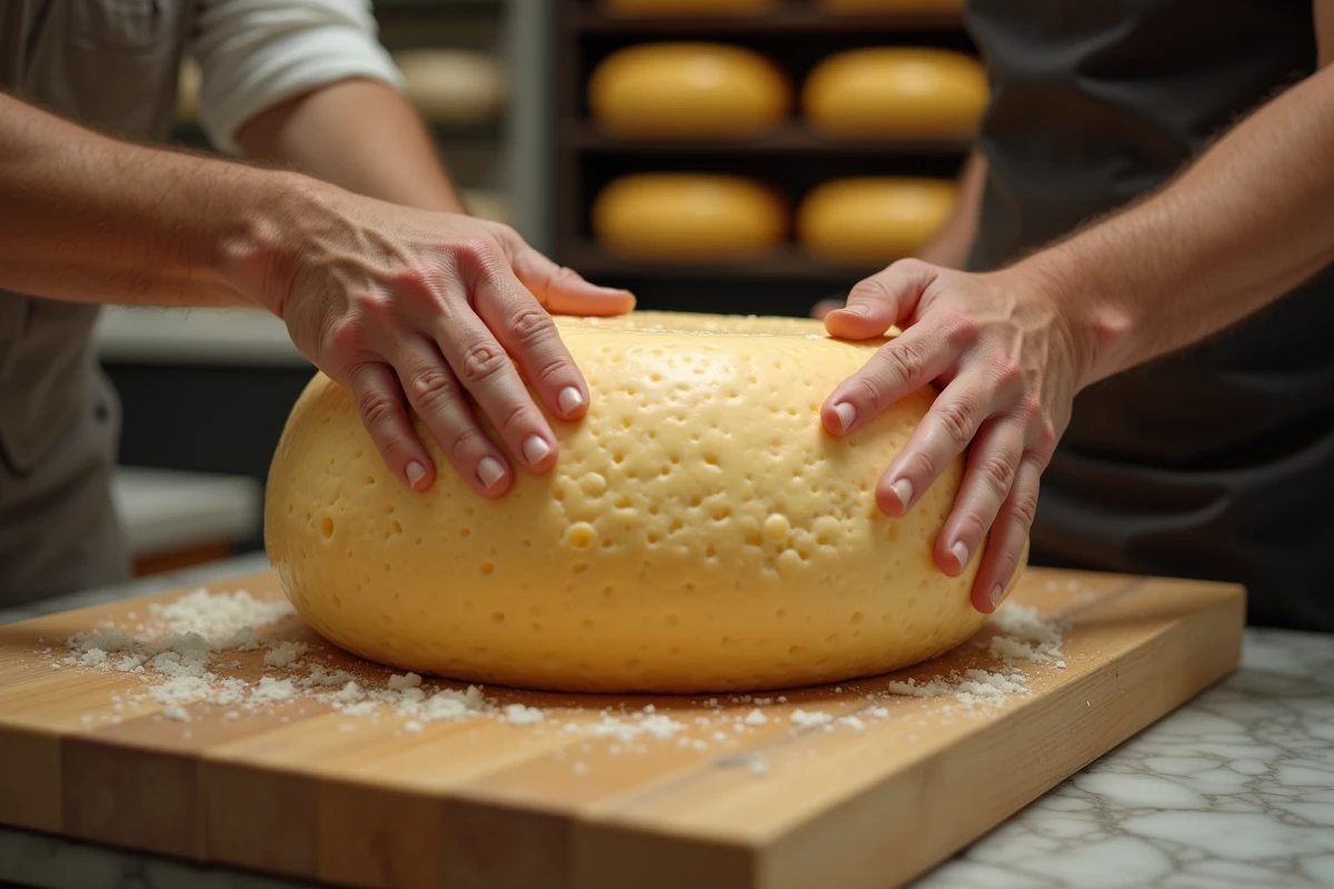 Mains d’un artisan découpant parmesan sur plan de travail en bois