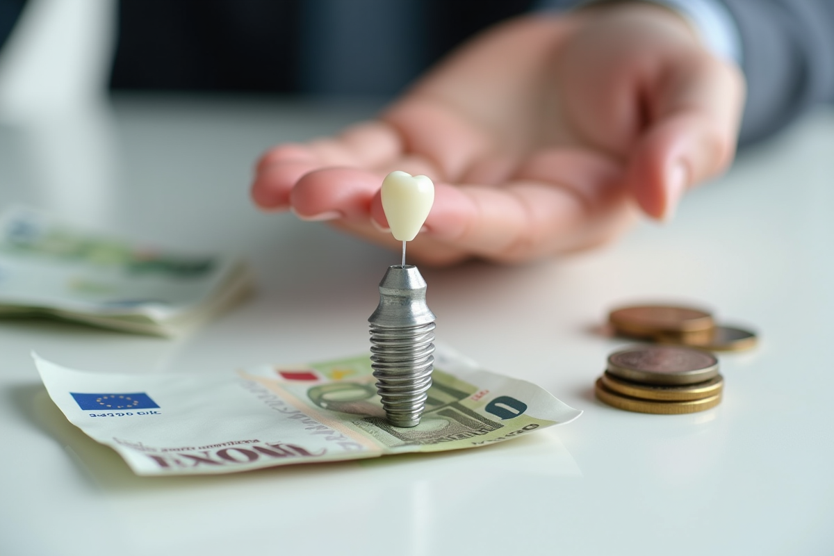Main tenant un implant dentaire avec des billets et pièces d
