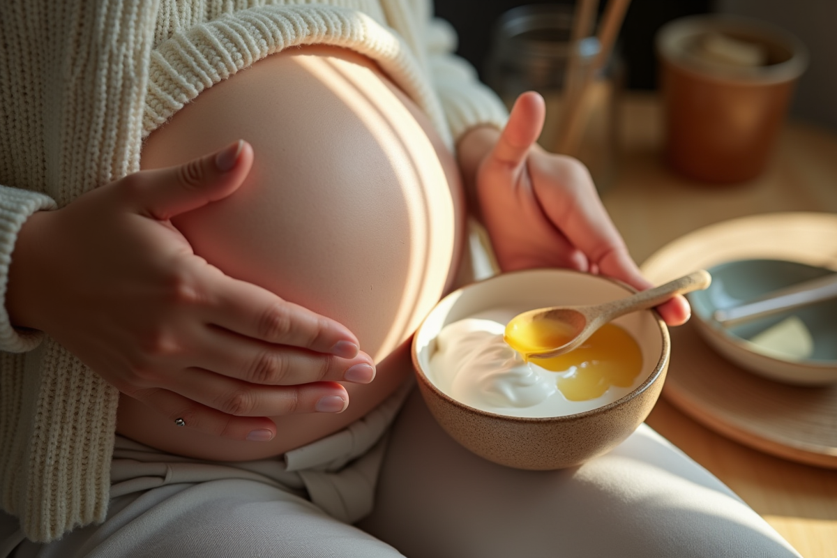 Mains avec miel sur un yogourt dans un cadre rustique