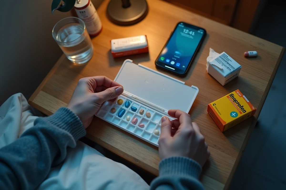 Mains adultes organisant un pilulier hebdomadaire la nuit avec des boîtes de médicaments anti-douleur sur une table de chevet