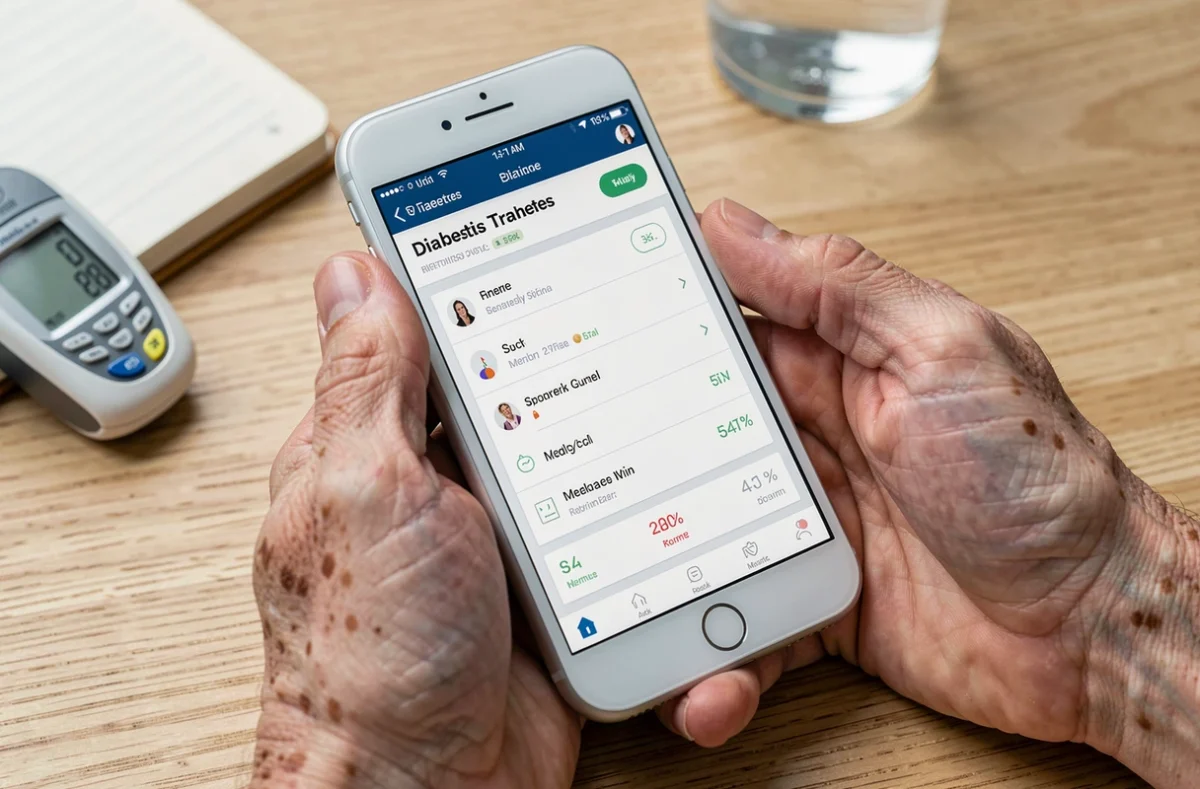 Mains de personne âgée tenant un smartphone avec application de gestion du diabète affichant des données de glycémie