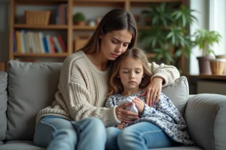 Maman réconforte sa fille malade sur le canapé