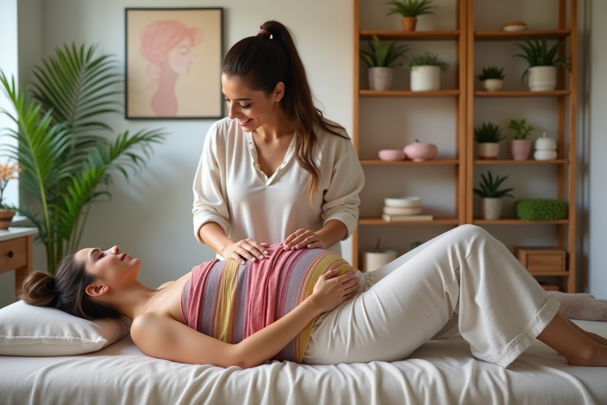 Maman avec doula ajustant un rebozo dans un studio moderne