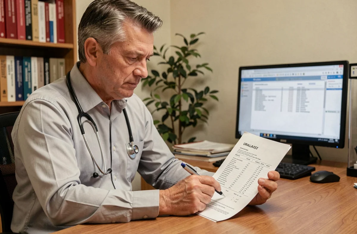 Médecin généraliste analysant un bilan d'urine imprimé avec résultats de bilurine dans son cabinet