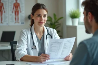Médecin femme en consultation analysant des résultats d'analyses sanguines avec taux de monocytes élevé