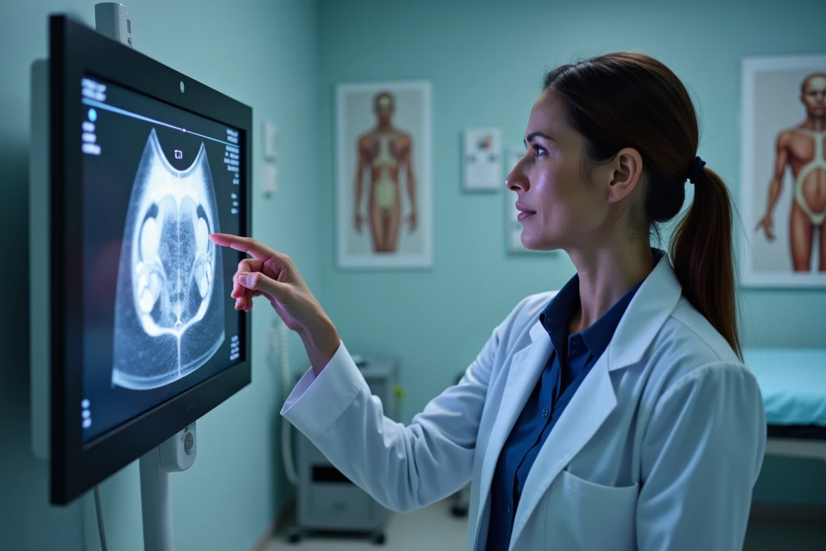 Médecin gynécologue analysant une échographie montrant un kyste ovarien, symbolisant le diagnostic médical et la prise en charge des kystes aux ovaires