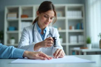 Médecin examinant les ongles d'un patient avec une loupe dans un cabinet médical pour détecter des anomalies des ongles blancs