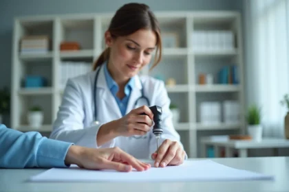 Médecin examinant les ongles d'un patient avec une loupe dans un cabinet médical pour détecter des anomalies des ongles blancs