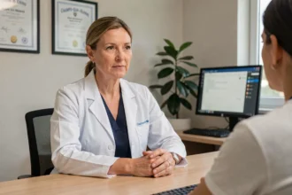 Médecin généraliste en consultation avec un patient dans un cabinet médical moderne à Champs-sur-Marne