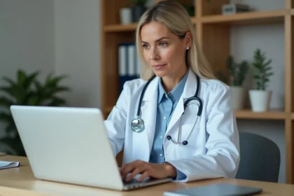 Médecin généraliste utilisant la messagerie sécurisée Mailiz sur un ordinateur portable dans son cabinet médical