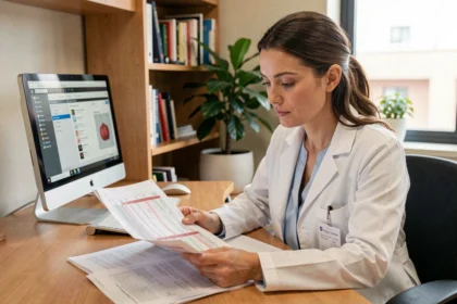 Médecin généraliste examinant des résultats d'analyse de sang incluant un bilan du fer et une ferritine basse