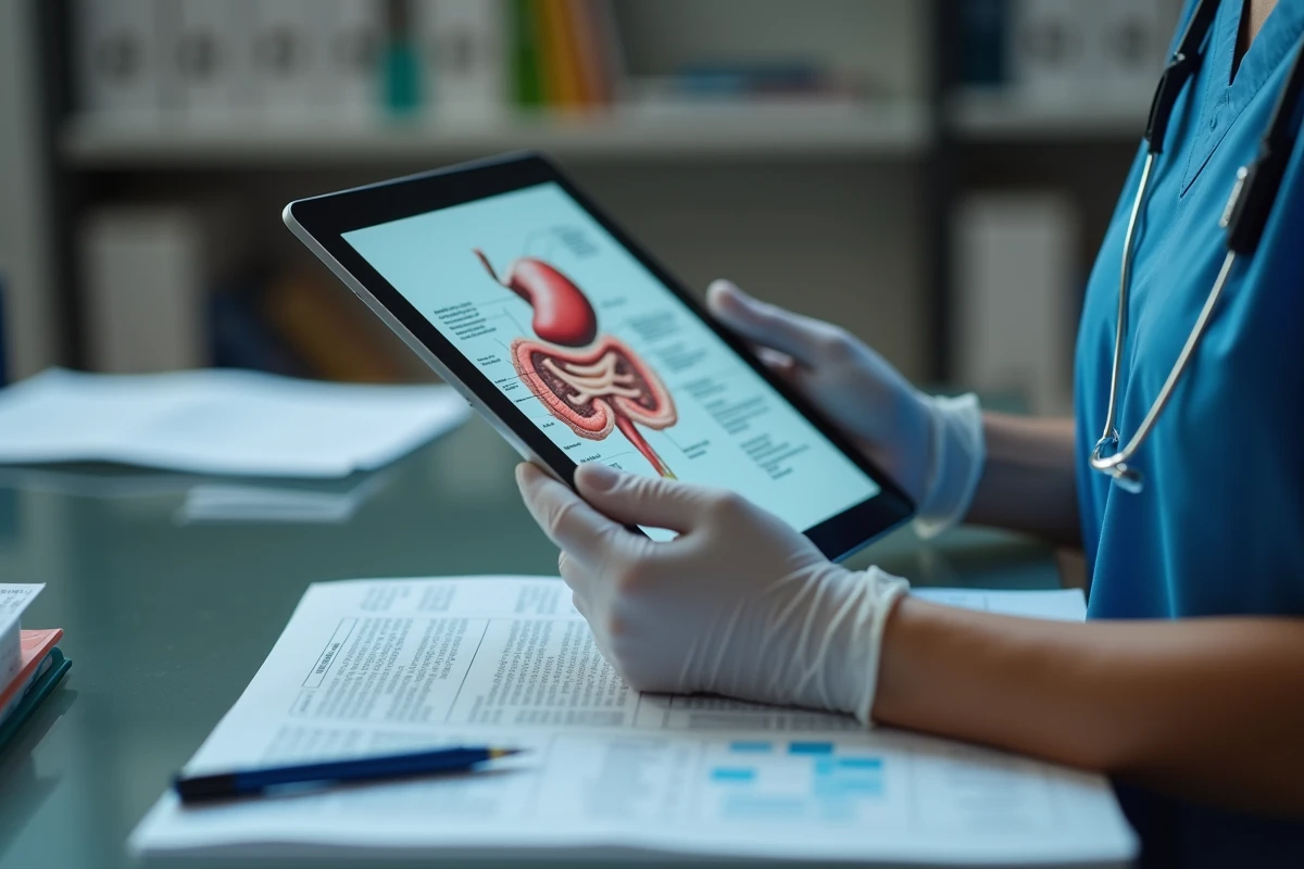 Médecin spécialiste consultant un schéma anatomique pour expliquer les polypes chez l'enfant
