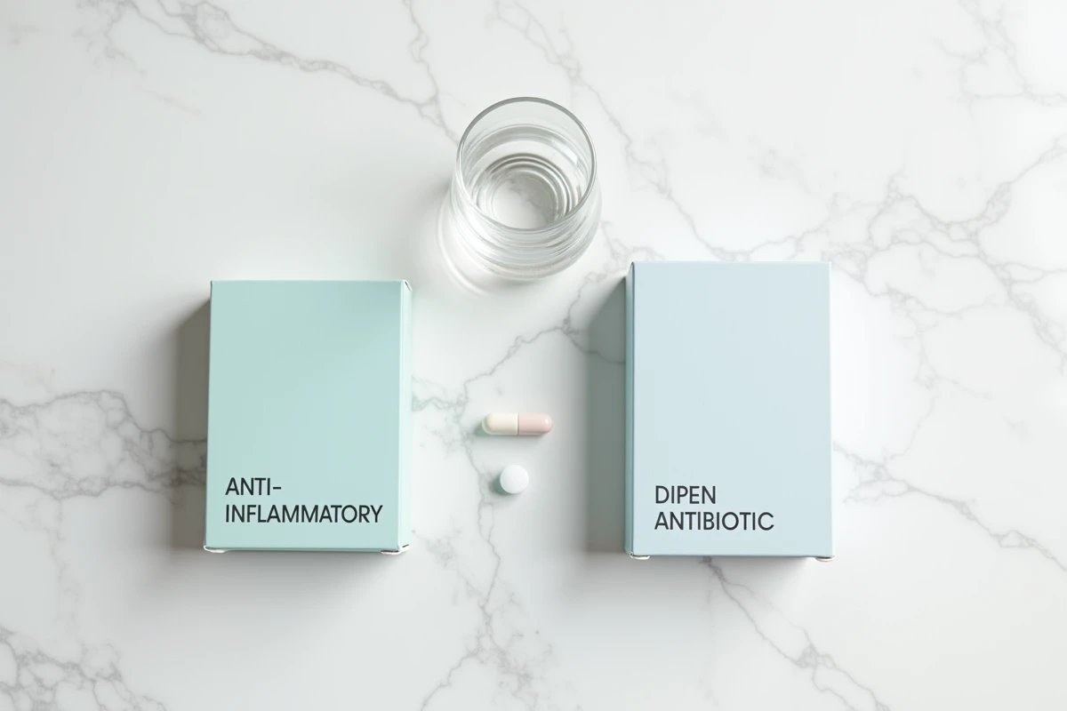 Vue de dessus de boîtes d'anti-inflammatoire et d'antibiotique posées sur du marbre blanc avec un verre d'eau et une notice