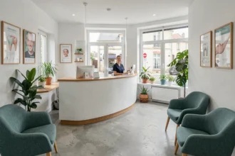 Vue d'ensemble d'un centre dentaire moderne dans la Loire, avec une réception accueillante, des plantes vertes et une décoratoin épurée