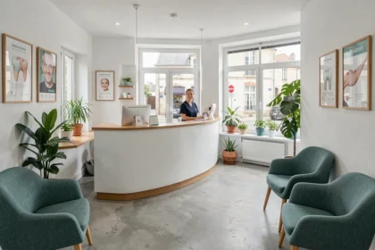 Vue d'ensemble d'un centre dentaire moderne dans la Loire, avec une réception accueillante, des plantes vertes et une décoratoin épurée