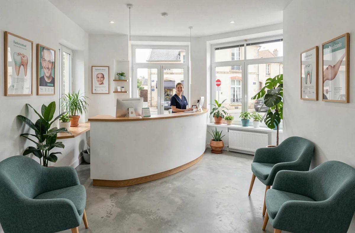 Vue d'ensemble d'un centre dentaire moderne dans la Loire, avec une réception accueillante, des plantes vertes et une décoratoin épurée