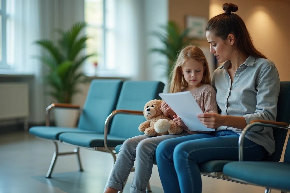 Mère et enfant dans une salle d'attente pédiatrique avant une consultation sur un polype
