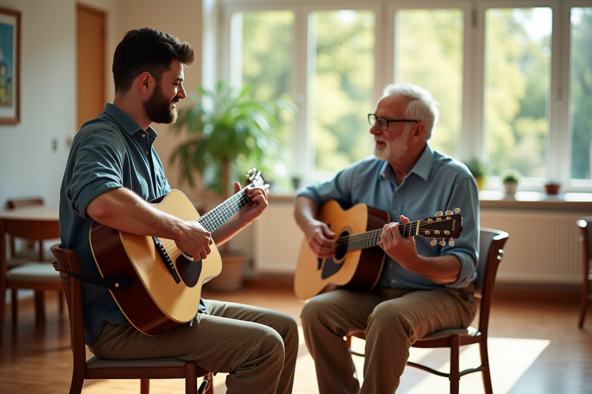 Jeune musicothérapeute jouant de la guitare avec un patient âgé