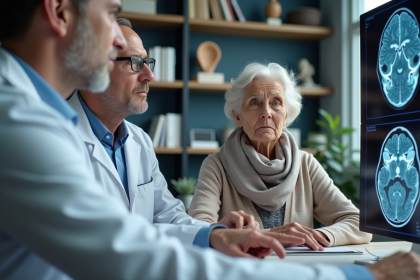 Médecin neurologue examinant un MRI avec une patiente âgée