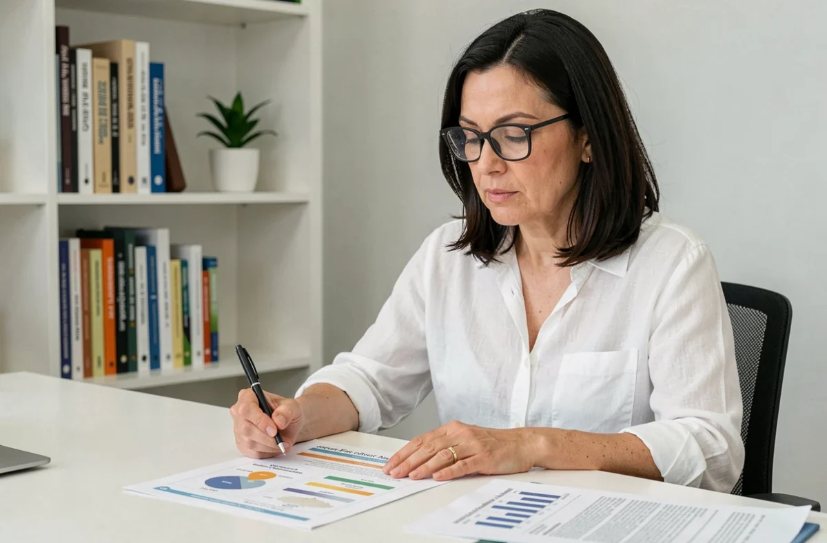 Nutritionniste analysant des tableaux sur l'indice glycémique et les fibres du riz dans un bureau de consultation moderne