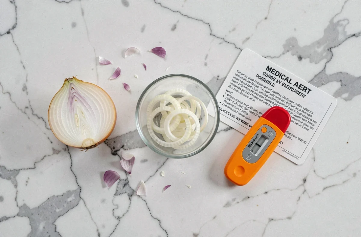 Vue de dessus d'une composition médicale montrant un oignon coupé, des rondelles d'oignon et un auto-injecteur d'épinéphrine EpiPen symbolisant le risque d'anaphylaxie alimentaire