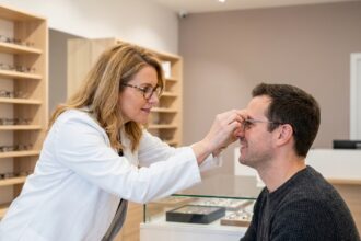 Opticienne ajustant des lunettes à un client dans une boutique moderne du Finistère