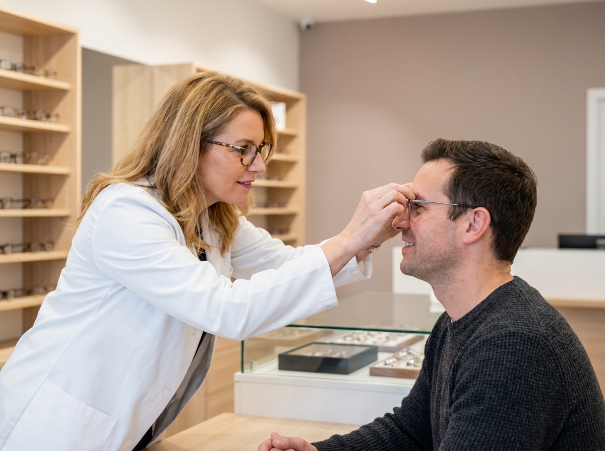 Opticienne ajustant des lunettes à un client dans une boutique moderne du Finistère