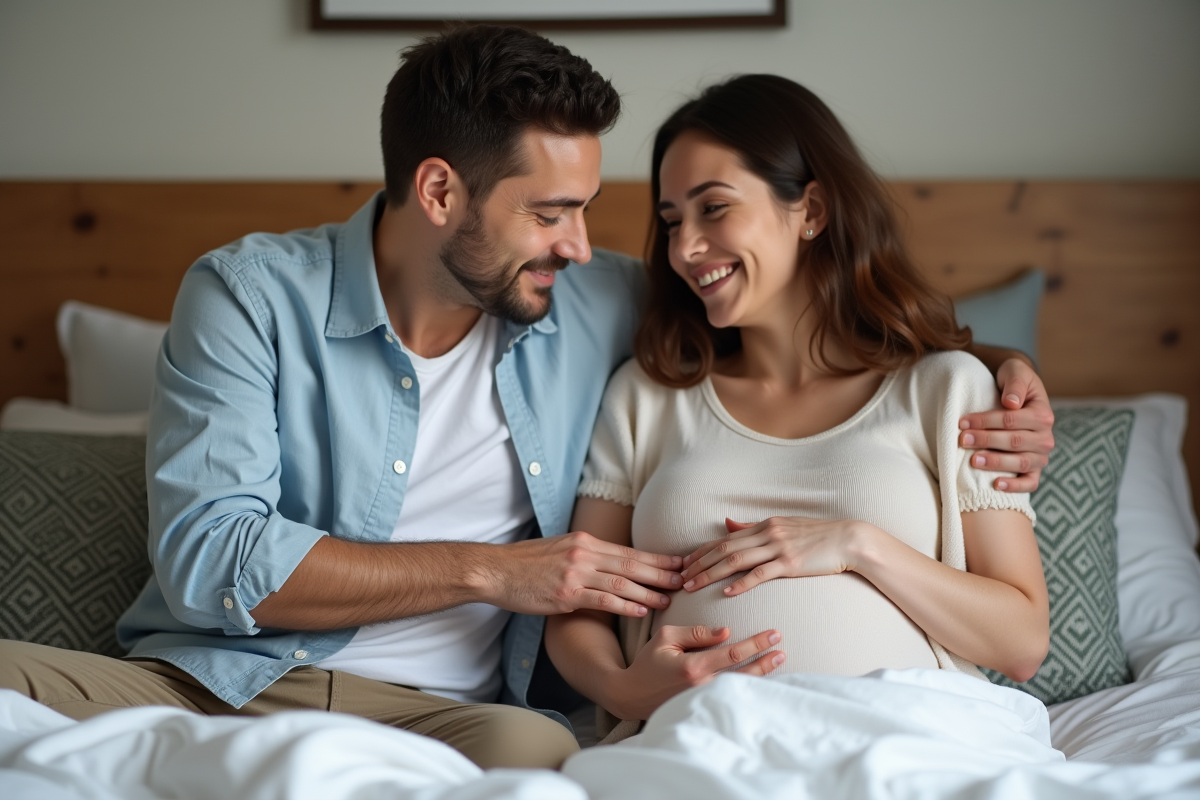 Pere touchant le ventre de sa partenaire enceinte