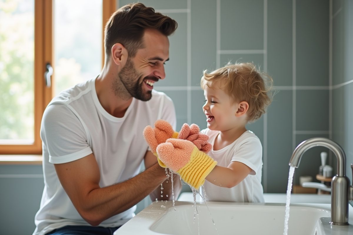Père et enfant jouant avec mitaines de bain dans salle lumineuse