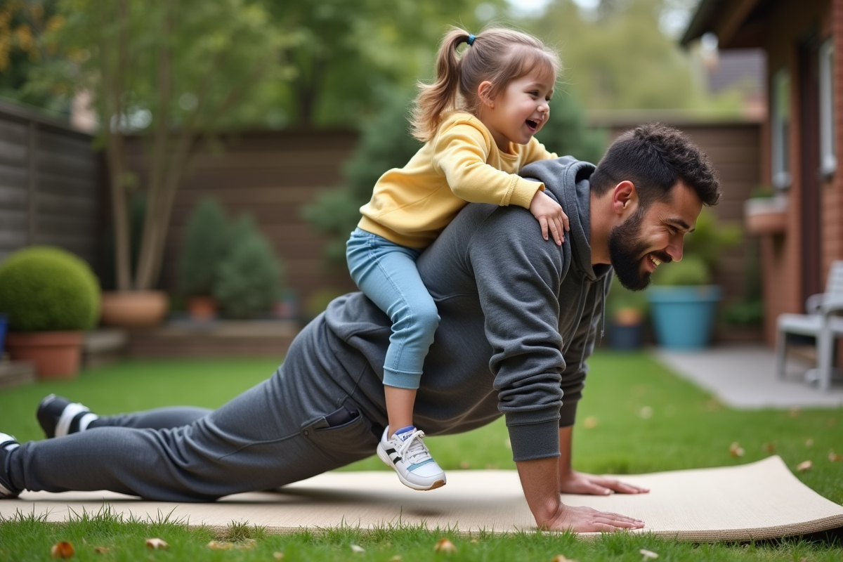 Père et fille faisant du sport dans le jardin