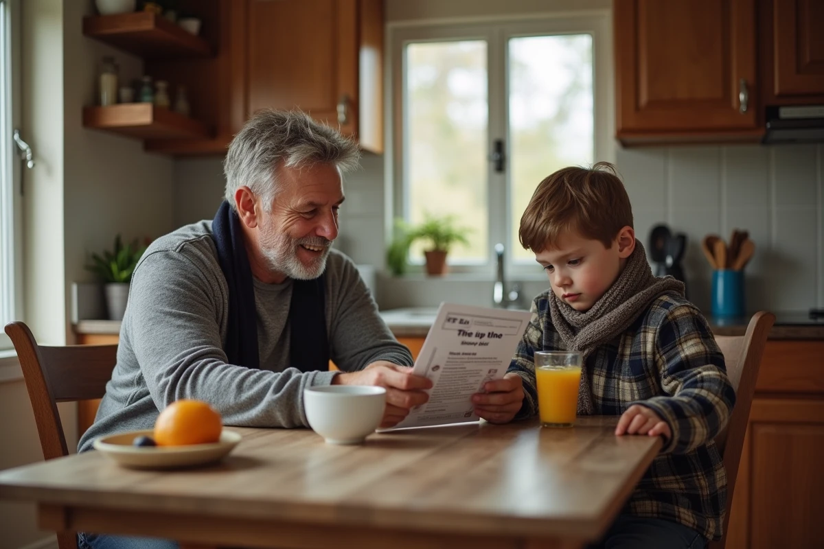 Père lisant une brochure sur la grippe avec son fils
