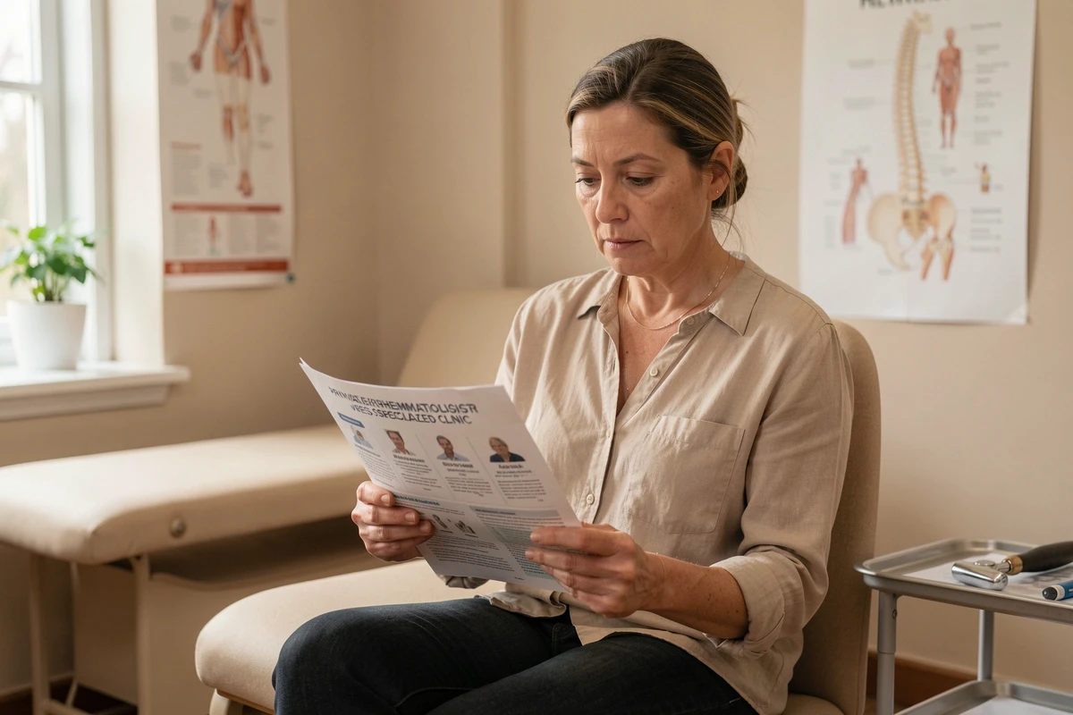 Patiente lisant une brochure médicale dans un cabinet de rhumatologie à Nîmes pour comparer ses options de soins