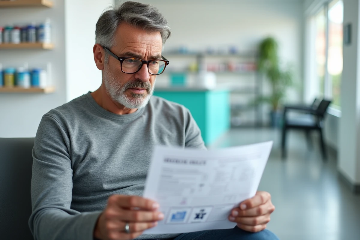 Patient adulte en pharmacie lisant attentivement ses résultats d'analyses sanguines montrant un taux de monocytes élevé