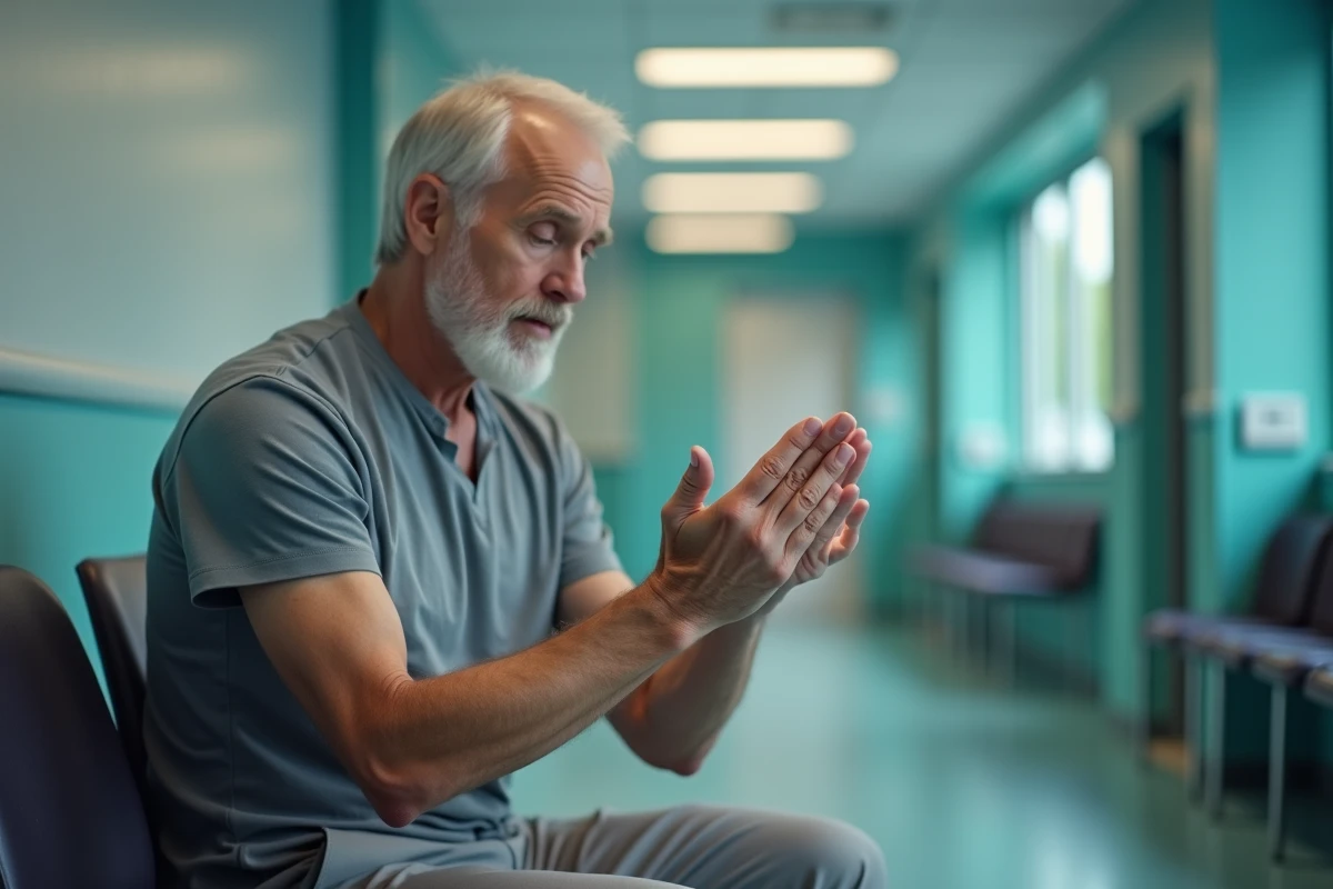 Patient en salle d'attente d'hôpital observant ses ongles blancs avant une consultation médicale