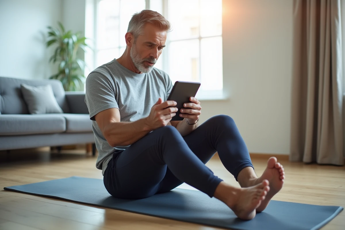 Patient suivant une séance de rééducation en ligne depuis son domicile sur une tablette numérique