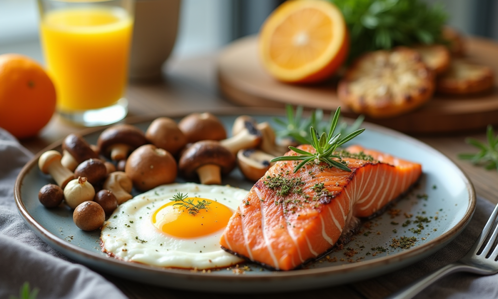 Table de petit déjeuner avec saumon grillé et œufs frais